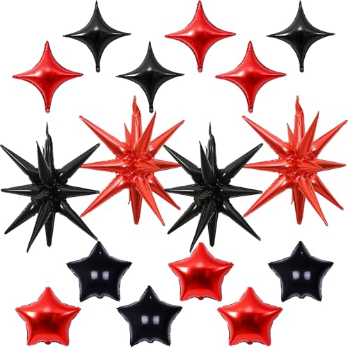 Red and Black Star Balloons, 22in Large Star Balloons Foil 10in 4-Pointed & Pentagram Balloon for Graduation Halloween Vampire Casino Movie Nights Birthday Party Decorations - color: Black Red