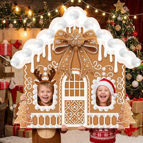 Panelee Christmas Gingerbread House Photo Booth Props Gingerbread Life Size Door Banner Decorations Fabric Backdrop for Xmas Winter Holiday Indoor Outdoor Party Photo Background Decor - style: Modern