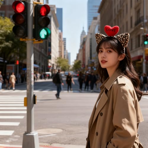Valentine’s Day Headband Leopard Print Cat Ear Hairband Hair Accessories Gift for Date Candlelit Dinner Party Supplies - color: Red