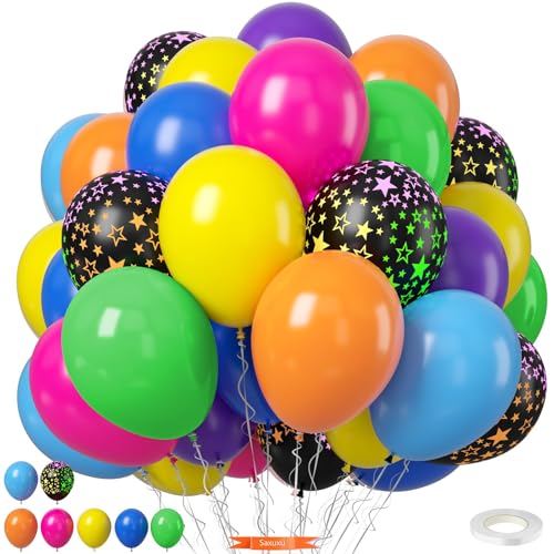 Neon Balloons, 12 Inch 80s 90s Balloons Yellow Orange Hot Pink Purple Lime Green Blue Bright Rainbow Balloons for Neon Birthday Party Decorations, 70s 80s 90s 2000s Glow Theme Disco Party Decor - color: Orange Yellow Green Blue