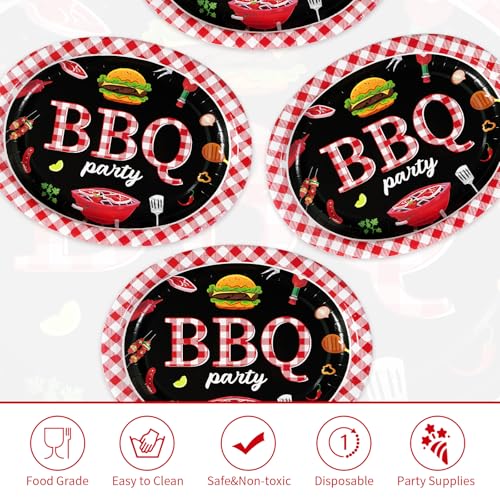 50 Pcs BBQ Party Supplies 10" × 12" Large Heavy Duty Red Gingham and Black BBQ Oval Paper Plates Disposable BBQ Birthday Party Plates for Summer Picnic Barbecue Baby Shower Birthday Party Decorations - style: 50Pcs Red Gingham BBQ Oval Plates