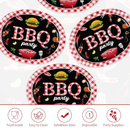 50 Pcs BBQ Party Supplies 10" × 12" Large Heavy Duty Red Gingham and Black BBQ Oval Paper Plates Disposable BBQ Birthday Party Plates for Summer Picnic Barbecue Baby Shower Birthday Party Decorations - style: 50Pcs Red Gingham BBQ Oval Plates