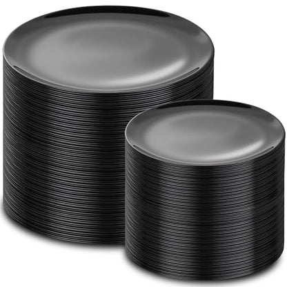 PULOTE 200PCS Black Plastic Plates - Heavy Duty Black Disposable Include 100 Each (10 inch Dinner & 7 inch Dessert) Plates, Disposable for Party, Birthday & Graduation - color: Black, size: 200 Pcs