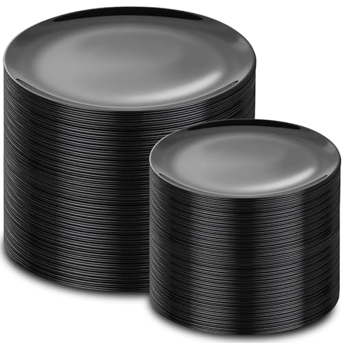 PULOTE 200PCS Black Plastic Plates - Heavy Duty Black Disposable Include 100 Each (10 inch Dinner & 7 inch Dessert) Plates, Disposable for Party, Birthday & Graduation - color: Black, size: 200 Pcs