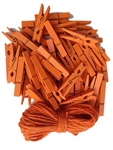 1.9 In Orange Wood Clothespins Hang Kids Artwork Craft Project Clothes Clips for Drying Bag Pegs with String Pack 50 - color: 50pcs (2 Inch) Orange + Jute Twine