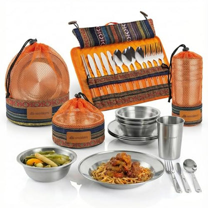 Wealers Unique Complete Messware Kit Polished Stainless Steel Dishes Set| Tableware| Dinnerware| Camping| Buffet| Includes - Cups | Plates| Bowls| Cutlery| Comes in Mesh Bags (4 Person Set) - color: Orange
