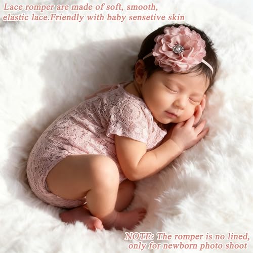 Newborn Photography Outfits, Cute Baby Lace Ribbon Rompers with Headband for Infant Photography Props - color: Pink