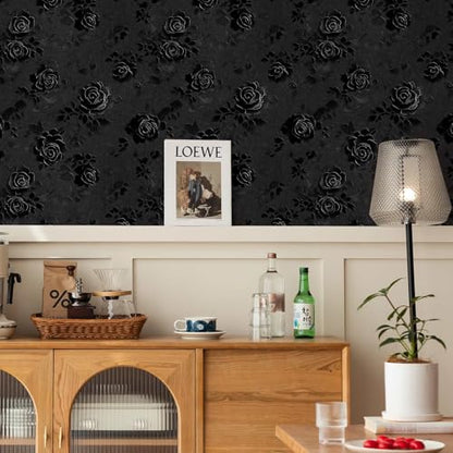 Gothic Rose Wallpaper – Black Floral Textured Peel and Stick Wallpaper, Self-Adhesive Vinyl for Home Decor, 17.7in x 118in - size: 17.7" x 118"