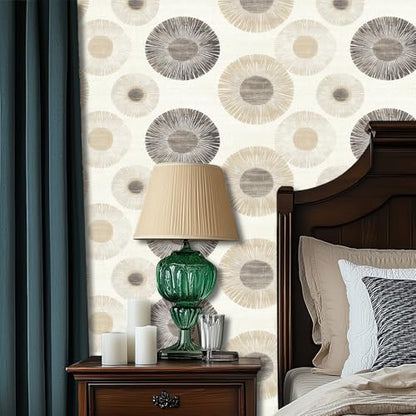 HOMETITUTE Wallpaper Peel and Stick Neutral Beige Geometric Circle Burst Contact Paper Wall Paper Stick 17.7" x 118.1" Self Adhesive Removable Vinyl Wall Covering Bedroom Kitchen Bathroom Home Decor - color: Beige Geometric Circle
