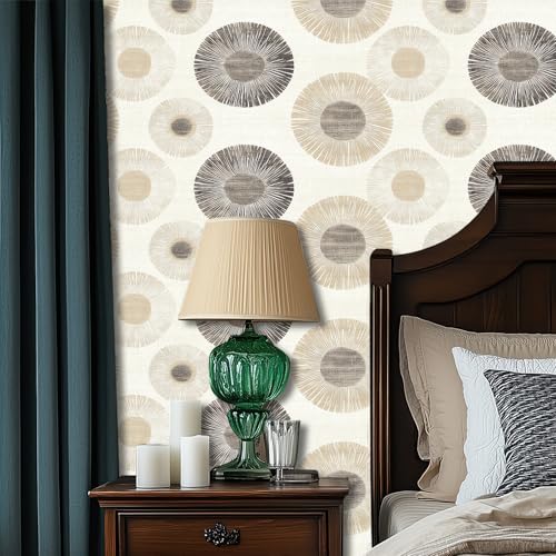 HOMETITUTE Wallpaper Peel and Stick Neutral Beige Geometric Circle Burst Contact Paper Wall Paper Stick 17.7" x 118.1" Self Adhesive Removable Vinyl Wall Covering Bedroom Kitchen Bathroom Home Decor - color: Beige Geometric Circle