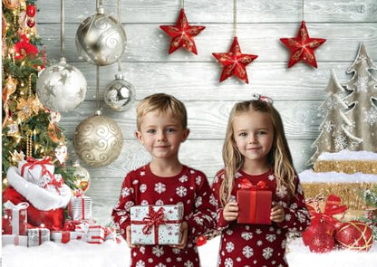 CHAIYA 8X6FT Christmas Backdrop White Wood Floor Photography Backdrop Winter Snow Xmas Tree Gift Family Christmas Party Photo Background New Year Party Decoration - size: 8′x6′
