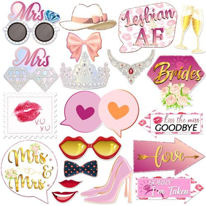 Mrs & Mrs Photo Booth Props, Girls Lesbian Wedding Photoshoot Brides to Be Bachelorette Party Photography Props Favor Centerpiece Sticks Decorations 20 PCS