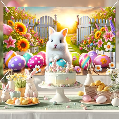 BlissYard Happy Easter Party Backdrop Banner Spring Easter Bunny Backdrop White Rabbit Colorful Easter Eggs Photography Background Floral Rabbit Easter Baby Shower Jesus Party Photo Props 71 x 43 - color: Easter Bunny#7