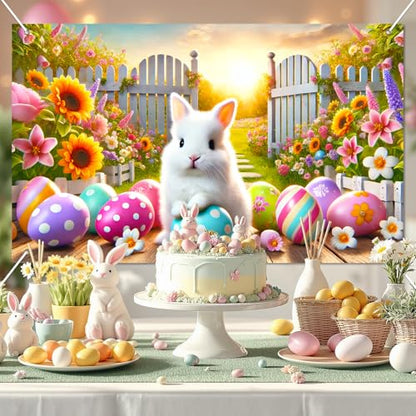 BlissYard Happy Easter Party Backdrop Banner Spring Easter Bunny Backdrop White Rabbit Colorful Easter Eggs Photography Background Floral Rabbit Easter Baby Shower Jesus Party Photo Props 71 x 43 - color: Easter Bunny#7