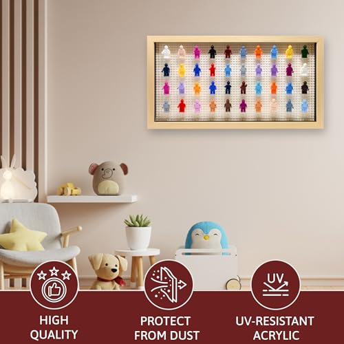 Figurine Display Case 10x20.125 Natural Shadow Box for Miniature Figures 10x20.125 Natural Wood Shadow Box with White Base to Display Up to 56 Block Figures - color: Natural With White Backing, size: 10x20.125