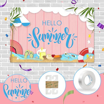 Maicaiffe Hello Summer Backdrop Banner Decor - 6x4 ft Hawaiian Pool Beach Party Photography Background Poster Sign - Summer Tropical Birthday Wedding Retirement Party Photography Prop Booth Decor