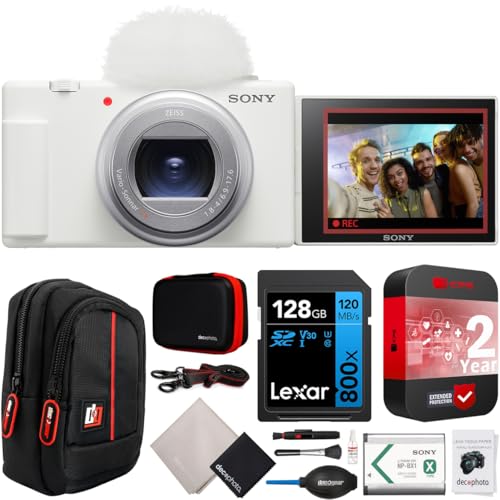 Sony ZV-1 II Vlog Camera with 4K Video & 20.1MP for Content Creators and Vloggers White ZV-1M2/W Bundle with CPS 2 YR Extended Protection Pack + Deco Gear Case + 128GB Memory Card & Accessories Kit - color: White, style: w/ CPS 2YR Extended Protection Kit