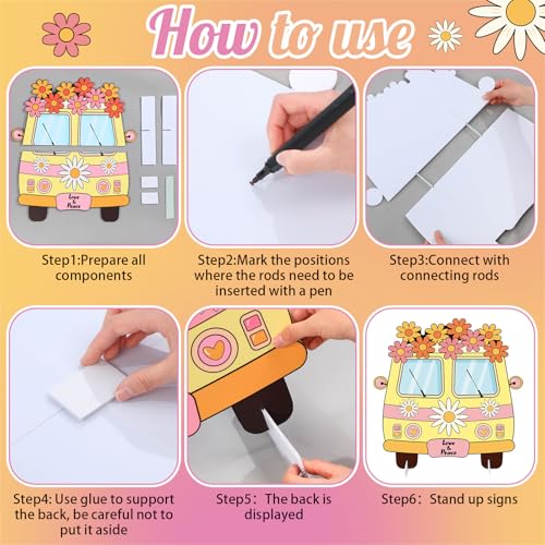 4 Pcs 24 Inch Large Hippie Photo Booth Props Retro Groovy Cardboard Cutout Party Decorations Boho Bus Daisy Peace Sign Hand Rainbow Frame Backdrop for 60s 70s Hippie Baby Shower Party Supply - style: Hippie