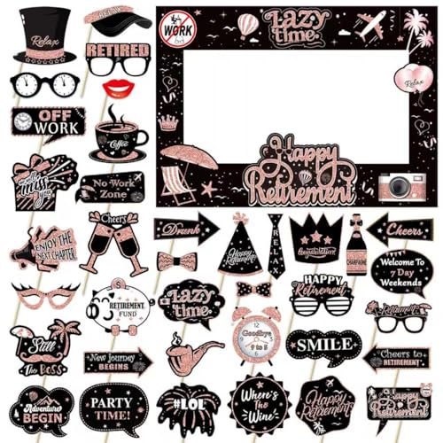 Retirement Party Photo Booth Props Kit - 37pcs Paper Photo Props 1 Frame Glitter Retirement Party Decorations for Retiree Celebration, Farewell Office Party Supplies (Rose Golden and Black) - color: Rose Golden and Black