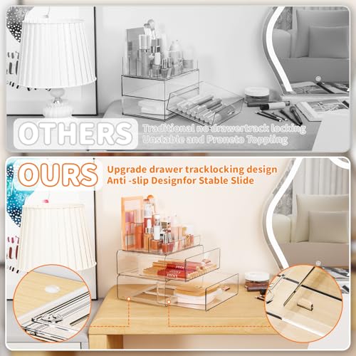 Yieach Clear Acrylic Makeup Organizers Countertop for Dresser,Desk,Bathroom Vanity,3 Tier Stackable Make up Holders and Makeup Cabinet,Tiered Cosmetic Storage and Make up Containers for Palette,Brush - size: 2 Drawers
