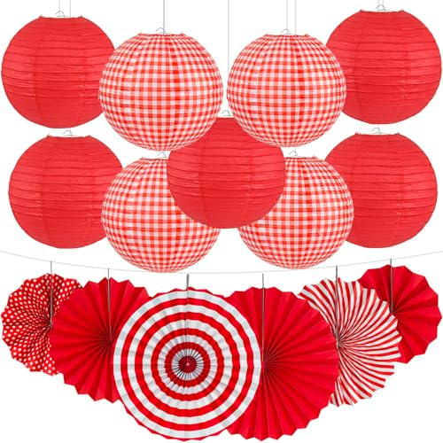 15 Pcs Red Gingham Party Decorations, 12 Inch Hanging Paper Lanterns and Fans for Picnic, BBQ, Pizza Party, Crawfish Boil, Birthday, Baby Shower, Graduation