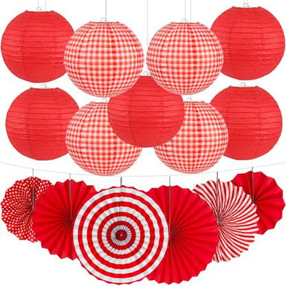15 Pcs Red Gingham Party Decorations, 12 Inch Hanging Paper Lanterns and Fans for Picnic, BBQ, Pizza Party, Crawfish Boil, Birthday, Baby Shower, Graduation