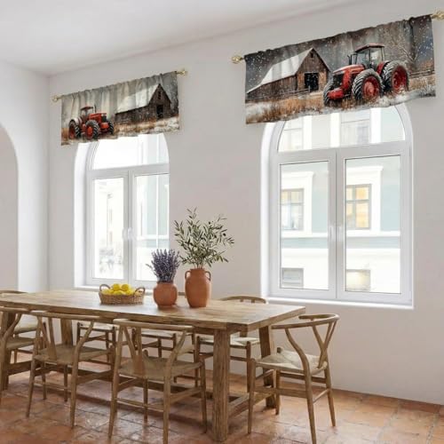 Tractor Barn Curtain, Two-Pack, Red Winter Farm Snow Rustic,Applicable to Bathroom, Bedroom, 54x18 inches. - color: Tractor Barn