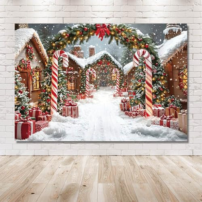 AIBIIN 7x5ft Winter Christmas Village Backdrop Snowy Candy Cane Lane with Christmas Trees Winter Wonderland Holiday Photography Background for Birthday Party Baby Shower Vinyl Studio Props - color: Christmas Village, size: 7x5ft