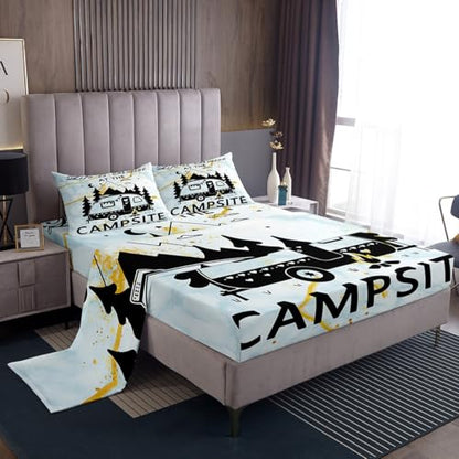 Feelyou Marble RV Camping Bed Sheets Set Happy Camping Sheet Set Cartoon Camping Car Sheets with Deep Pocket Fitted Sheet Blue Marble Texture Bedroom Decor Farmhouse Bedding Set Bed Set Full Size - size: Full