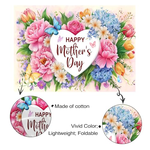 Mocsicka Mother's Day Backdrop Banner Flowers Happy Mothers Day Decorations Banner I Love Mom Mothers Party Decorations Photo Booth Props (8x6ft (96x72 inch))