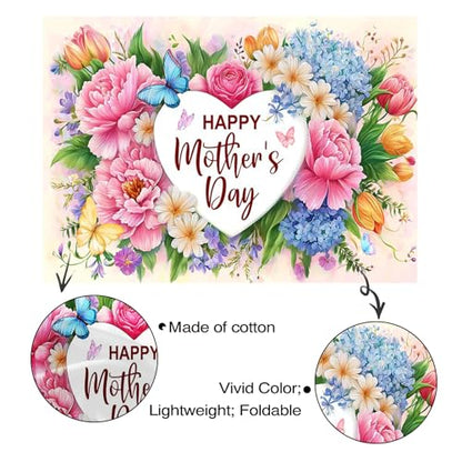 Mocsicka Mother's Day Backdrop Banner Flowers Happy Mothers Day Decorations Banner I Love Mom Mothers Party Decorations Photo Booth Props (8x6ft (96x72 inch))