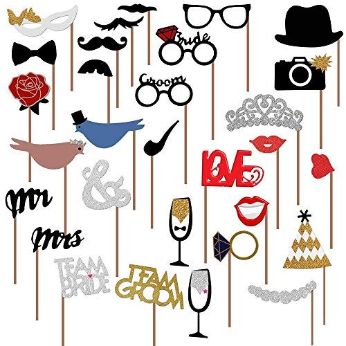 31Pcs Wedding Photo Booth Props – Funny Photo Booth Accessories with Variety Themes – Diverse & Vibrant Props For Photobooth, Designed to Elevate Wedding, Birthday & Party Photoshoots