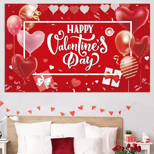 Happy Valentine's Day Banner - Large, 71x43 Inch | Red Hearts Balloons Backdrop Romantic Photo Booth Props -14th February Party Decorations