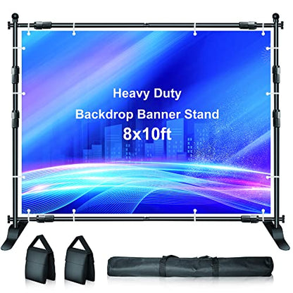 FUDESY Backdrop Banner Stand, 10x8ft Heavy Duty Display Frame, Adjustable Metal Telescopic Tube, Step and Repeat Background Stand Kit for Trade Show, Photography Photo Booth, Party, with Sandbags