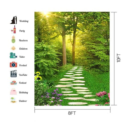 Spring Scenery Backdrop 8x10ft Forest Path Sunshine Flower Photography Background Natural Scenery Photo Shoot Props Portrait Pet Photo Photography Backdrop - size: 8x10ft