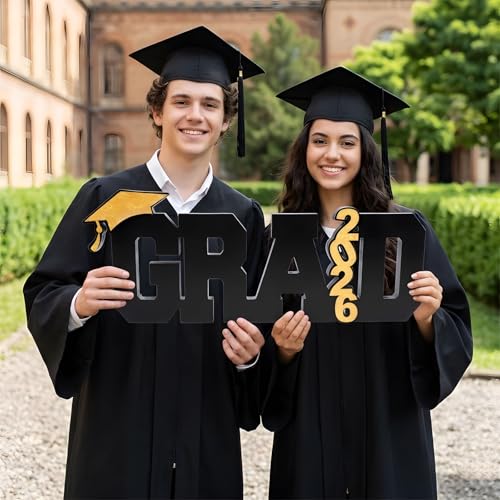 Grad 2026 Sign Graduation Decorations, Class of 2026 Photo Booth Props for Photoshoot, Graduation Table Centerpieces for College High School Congrats Grad Party Supplies (Black) - color: Graduation Black