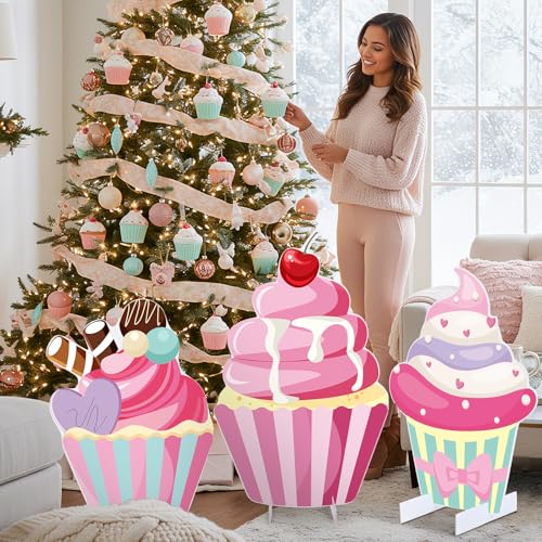Soulchen 3 Pcs 24 Inch Large Cupcake Cardboard Cutout Photo Props Stand up Candy Land Party Decorations Cupcake Backdrop Yard Signs Christmas Candyland Party Supplies for Birthday Baby Shower - style: Cupcakes Party