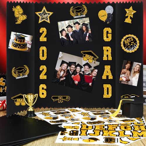 AmazingSpark 4 Sets 24 x 16 Trifold Poster Board for Graduation Photo Display Board with 12 Grad Themed Stickers for 2026 Presentation Party Decor Event Collage Frame Supplies(Black Gold) - color: Black Gold, size: 24 x 16"