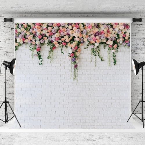 10X10FT White Brick with Flowers Backdrop Occasions Mother's Day Wedding Bridal Shower Birthday Party Banner Background Supplies DH-357 - size: 10X10FT