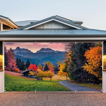 Fall Garage Door Cover Banner Decorations Backdrop 7x16ft Large Thanksgiving Autumn Country Forest Maple Leaves Nature Landscape Garage Door Banner Party Photoshoot Studio Prop Photography Background - size: 7x16ft