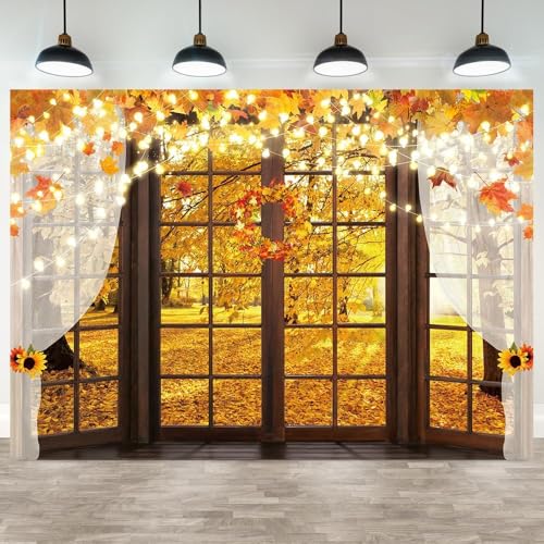 Hilioens 12x8ft Fall Windowsill Backdrops for Photography Autumn Forest Scenery Background for Photoshoot Maple Leaf Natural Scenery Banner Decoration Party Supplies Photo Studio Booth Props - size: 12'×8'