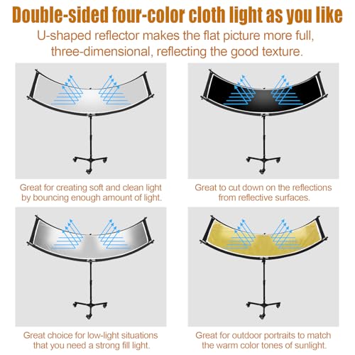 Clamshell Light Reflector Diffuser with Rolling Stand and Carrying Bag, 70"x24"/180x60cm Arclight Curved Lighting Reflector for Photo Studio Photography with White/Gold/Silver/Black Colors by MCCKLE