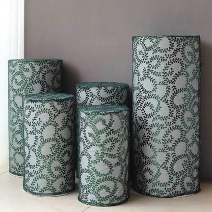 Efavormart Set of 5 Hunter Emerald Green Sequin Mesh Cylinder Display Box Stand Covers with Leaf Vine Embroidery, Sparkly Sheer Tulle Pedestal Pillar Prop Covers - color: Hunter Green, size: Sequin Mesh Cylinder Covers - Leaf Pattern