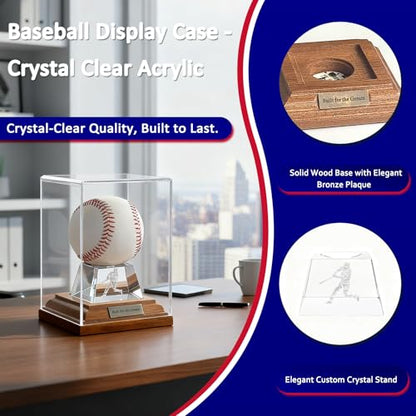 Baseball Display Case, Baseball Display Stand with LED Lights , Wooden Stand and a Bronze Medal,Cube Baseball Holder Display case, Acrylic Clear Ball Protector for Memorabilia Baseball Gifts