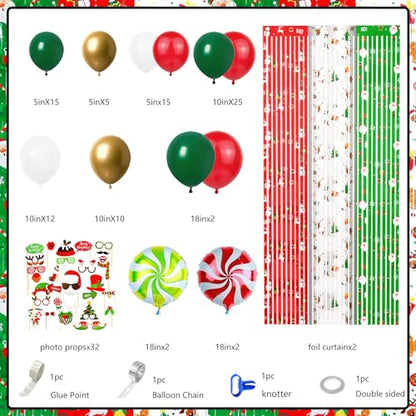 MEHOFOND 164pcs Merry Christmas Party Decorations Set, Christmas Foil Fringe Curtains, Red Green Gold Balloons Arch Garland Favors for Kids Adults Friends Ugly Sweater Party Props for Photo Supplies