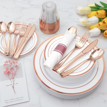 Goodluck 100 Pack Pre Rolled Rose Gold Plastic Silverware, Wrapped Cutlery Set with Napkin Include 100 Forks, 100 Knives, 100 Spoons and 100 Napkins, Fancy Disposable Silverware for Party, Wedding - size: 100pc, style: Rose gold