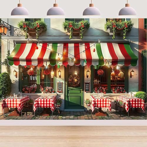 Italian Street Restaurant Backdrop Red White Green Stripes Cafe Green Plants Flowers Background Wall Italian Theme Party Decorations Holiday Travel Pictures Shooting Wallpaper (A, 8X6FT) - color: A, size: 8X6FT