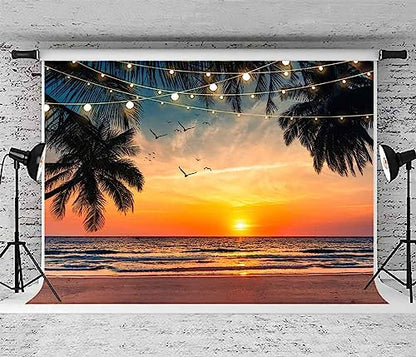 Sensfun Sea Beach Sunset Backdrop Hawaii Tropical Palm Trees Luau Party Photography Background Summer Seaside Vacation Wedding Birthday Baby Shower Party Decorations Banner Photo Booth Props 8x6ft - size: 8x6ft
