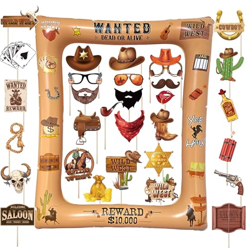 Western Cowboy Cowgirl Photo Booth Props Inflatable Frame, 30Pcs Wild West Photo Props with Large Inflatable Picture Frame for Country Rustic Cowboy Party Selfie Supplies - color: Western Cowboy