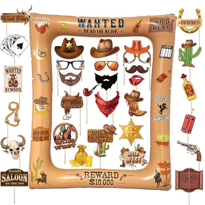 Western Cowboy Cowgirl Photo Booth Props Inflatable Frame, 30Pcs Wild West Photo Props with Large Inflatable Picture Frame for Country Rustic Cowboy Party Selfie Supplies - color: Western Cowboy